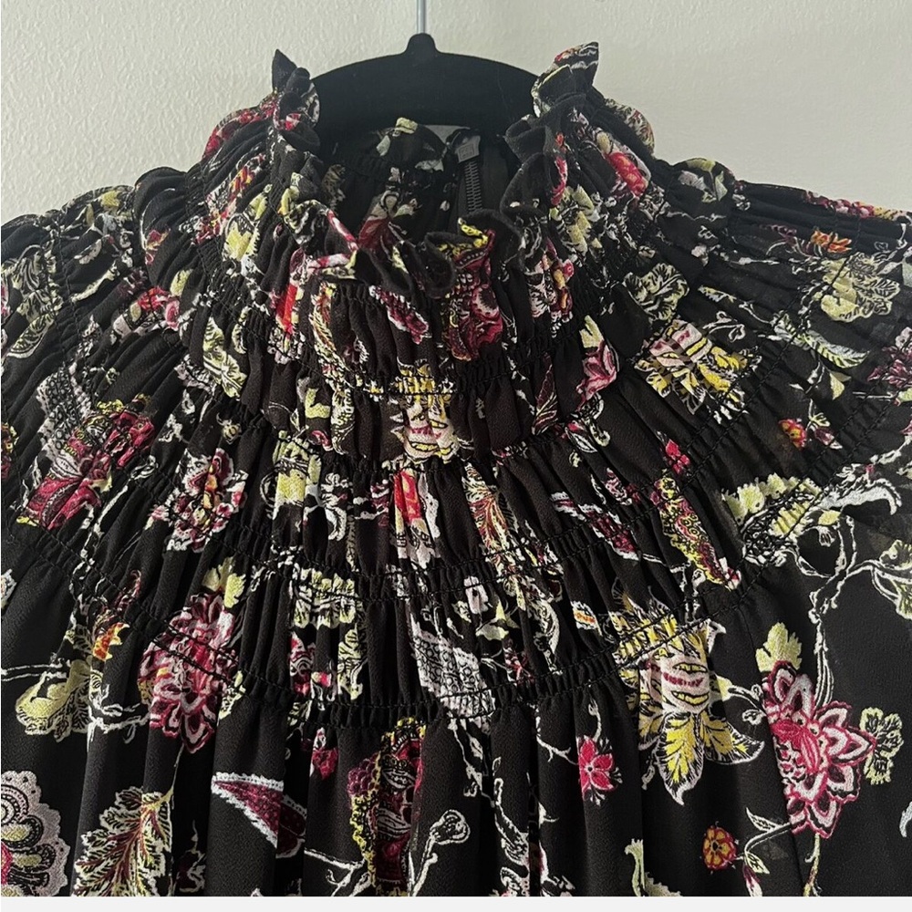 CINQ A SEPT | Black Floral Ruffle Smocked Dress, Size 4, - Picture 14 of 15